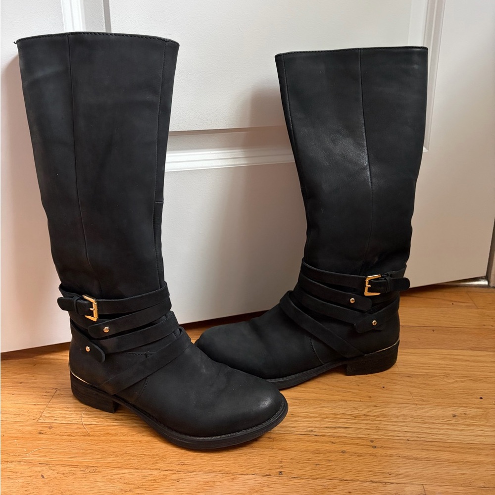 Steve Madden Albany Black Knee-High Boots with Gold Buckle - Picture 4 of 9